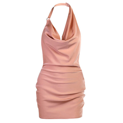 Mini party dress - sleeveless, satin, V-neck, backless