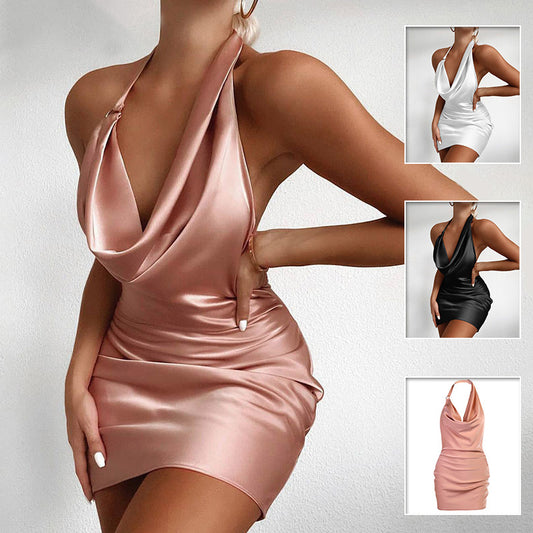 Mini party dress - sleeveless, satin, V-neck, backless